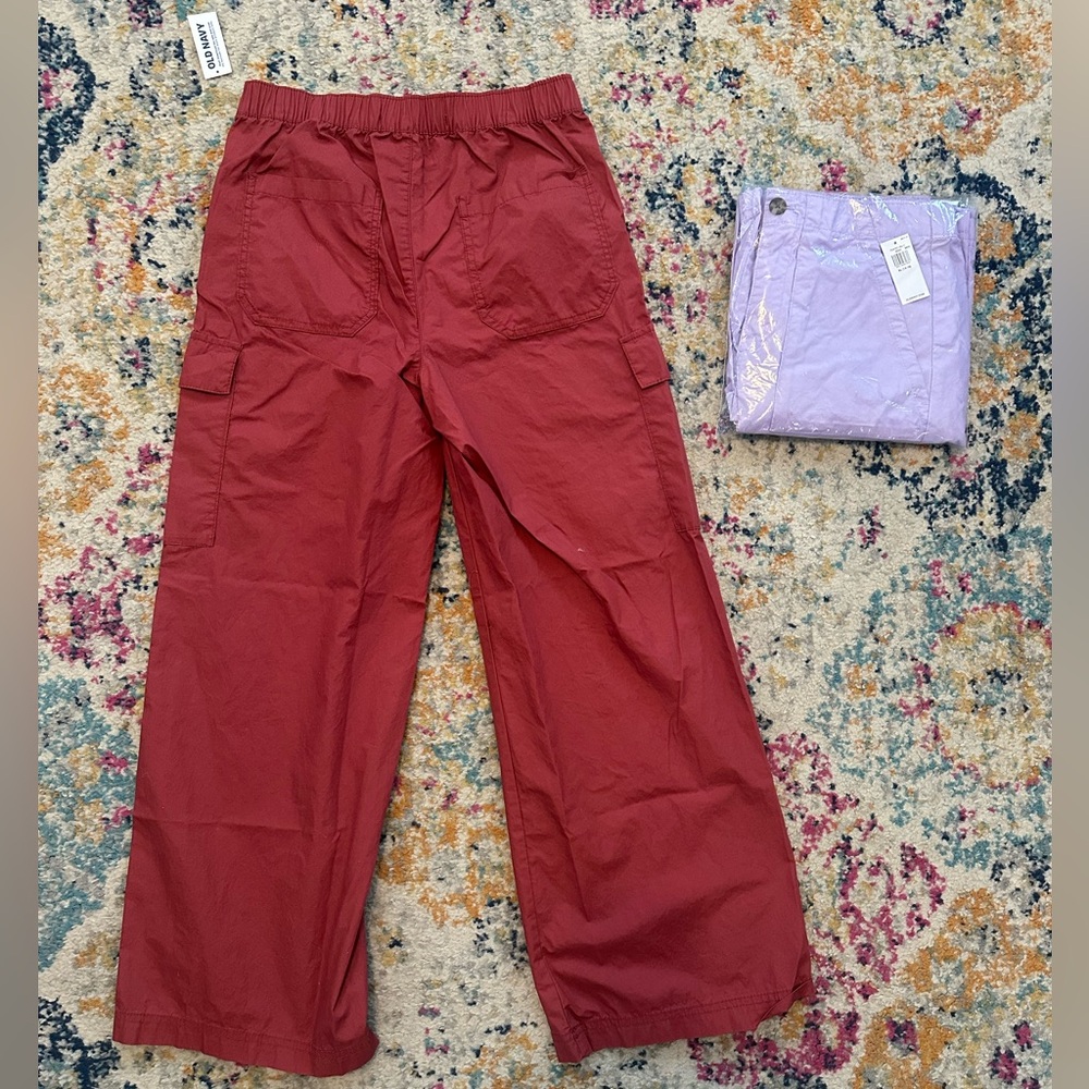 🆕 2 Pairs Old Navy Cargo Pants. Cranberry & Lilac. Size 14/16.
